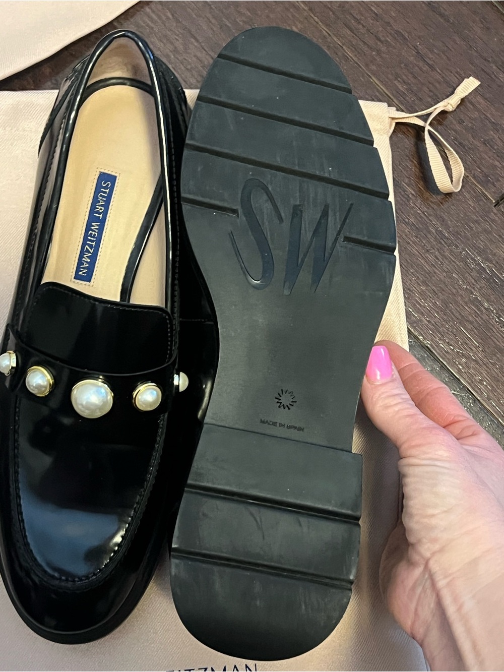 Stuart Weitzman Black Patent Loafers with Pearl Embellishments